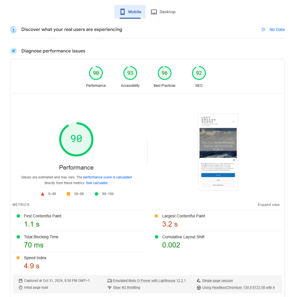 Current Score on PageSpeed Insights for LostDreadnought.com