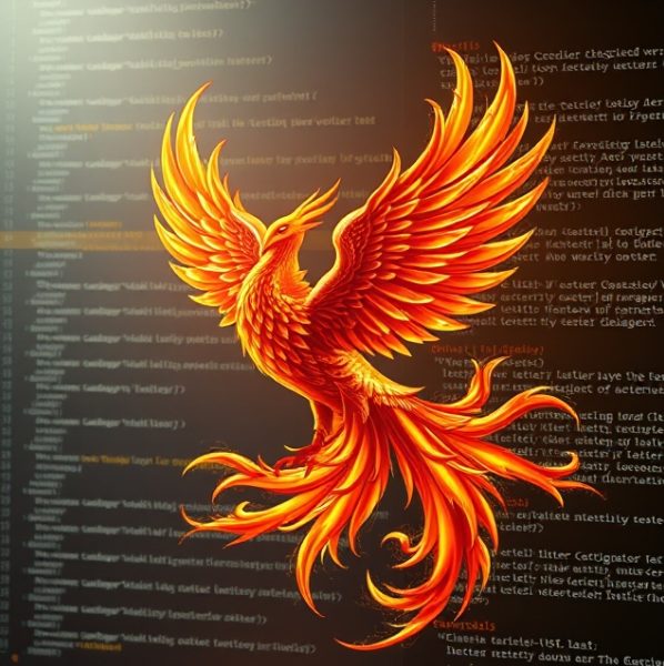 An image of Phoenix which is emerging from the website page coding, the Phoenix looks ancient